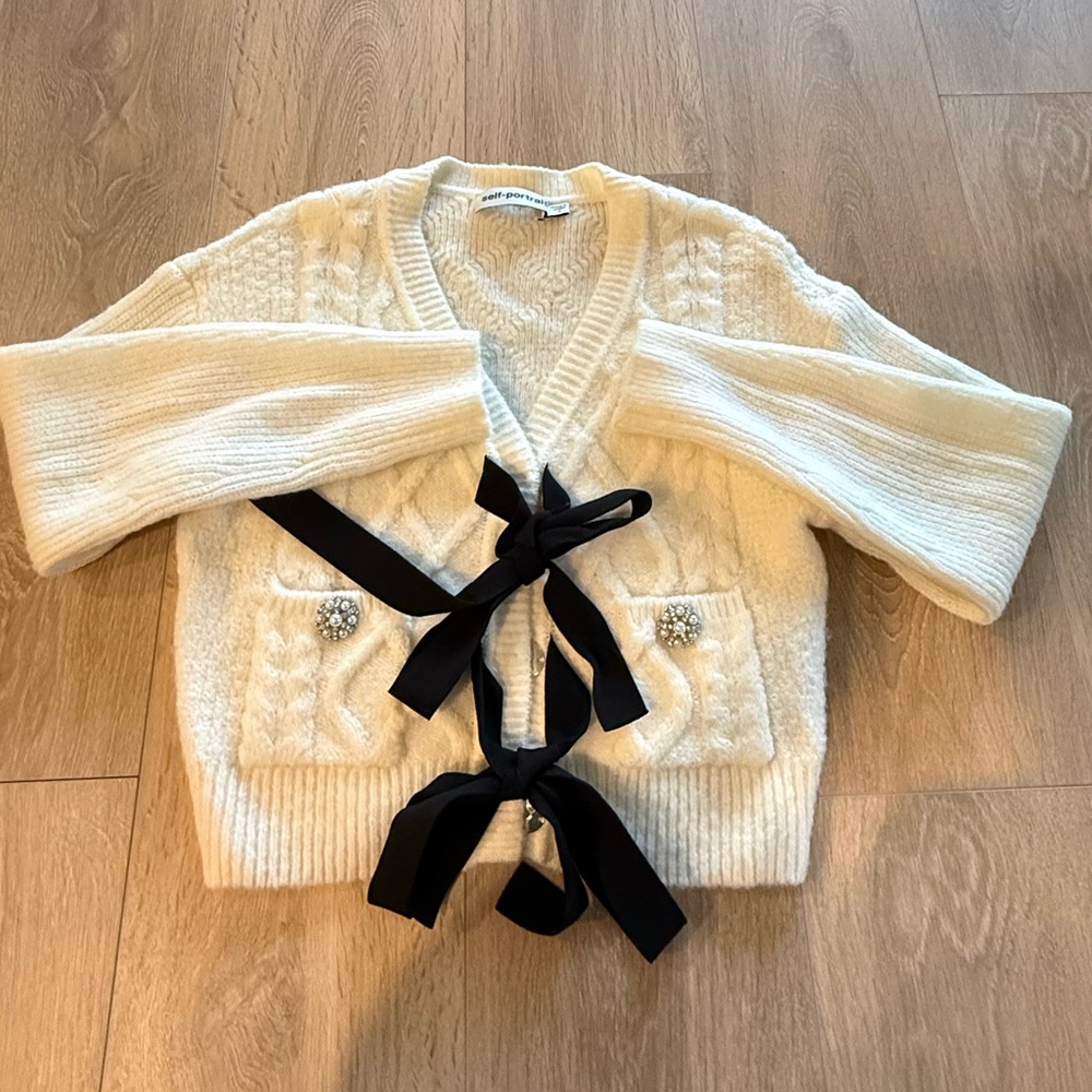 Self-Portrait Cream Cable Knit Bow Cardigan Sweater